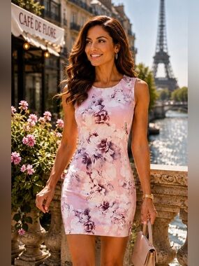 Ellen Tracy Large Pink Floral Studded Sheath Dress Sleeveless Career Cocktail